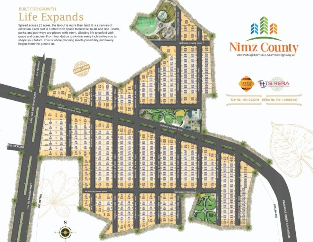 NIMZ County master layout plan showing plotted villa scheme across 25 acres on the Mumbai to Hyderabad National Highway
